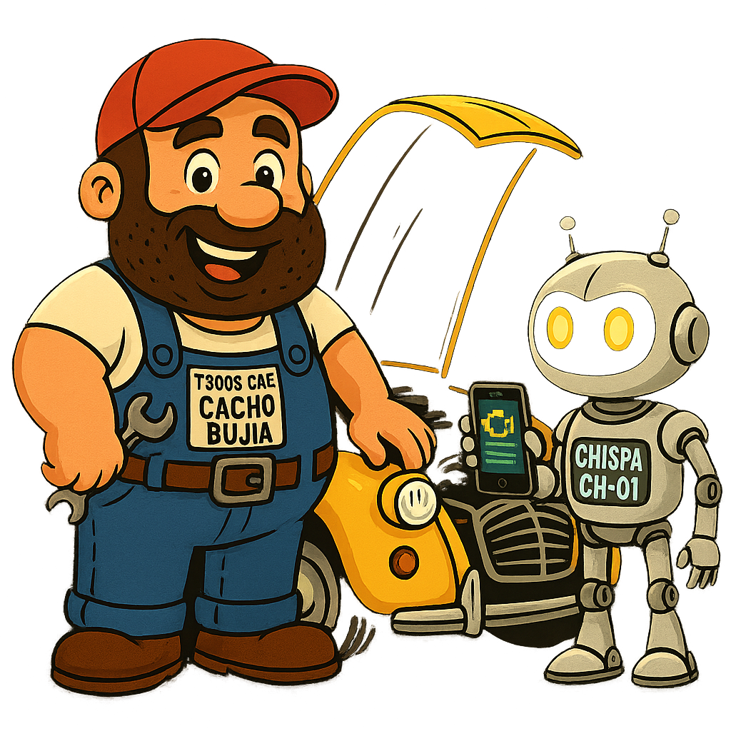 Cacho reparando y Chispa usando la app en el taller